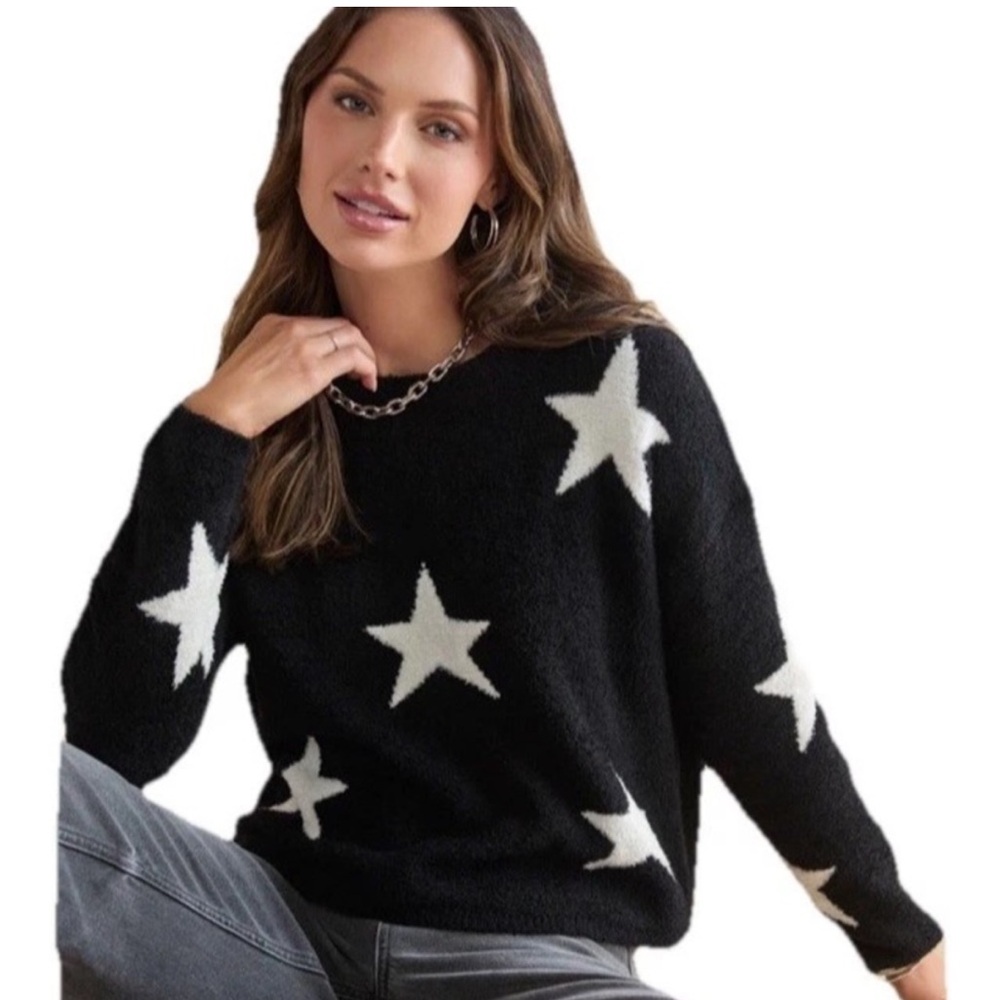 Francesca's Collections Carey Star Teddy Pullover Black Sweater with White Stars